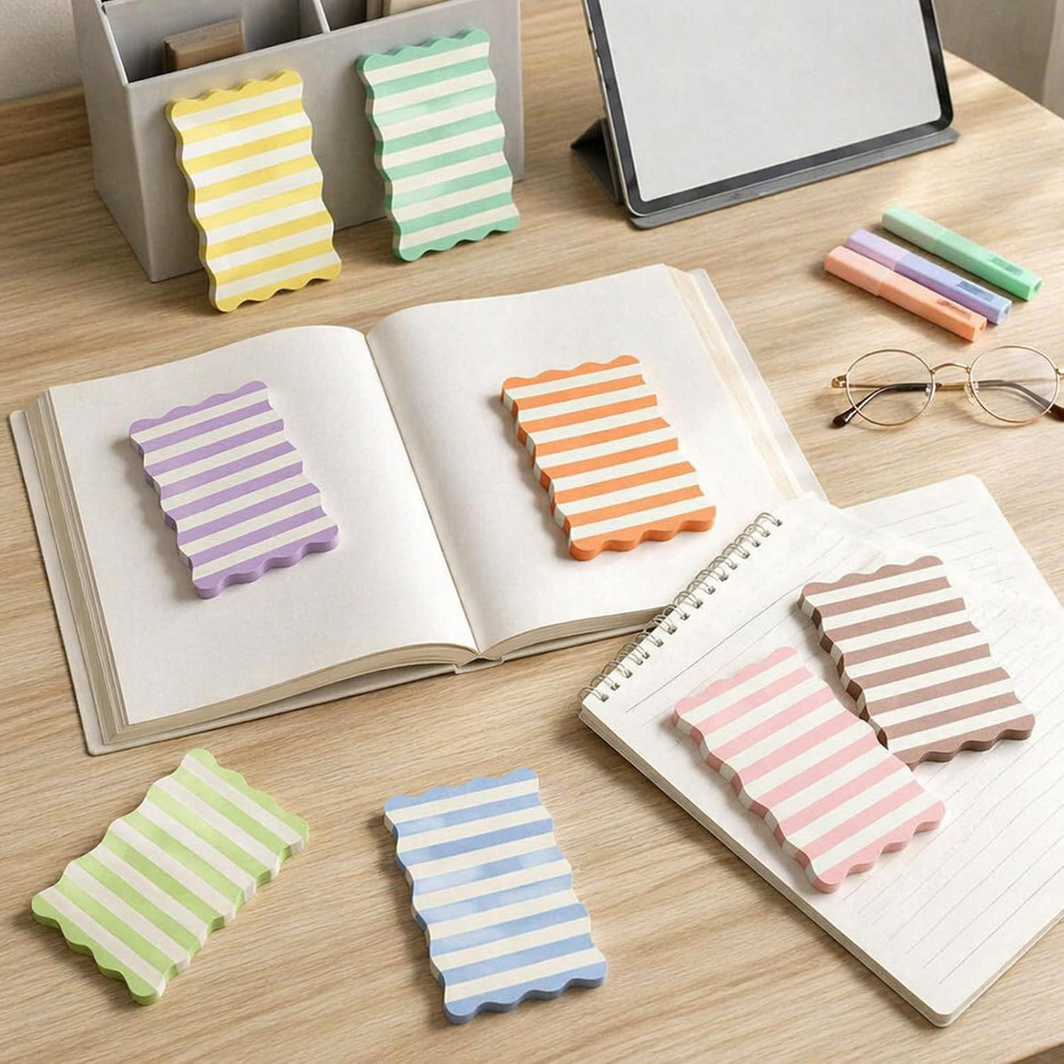Whaline 8Pcs Stripe Scalloped Sticky Notes 4 x 6 Inch Candy Color Striped Self Adhesive Lined Notepad Removable Memo Pad for Classroom Office Home School Party Supplies