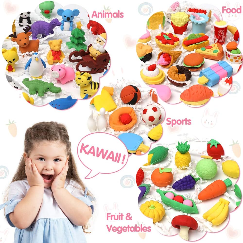 100Pcs 3D Animal Pencil Erasers, Desk Pets for Treasure, School Rewards