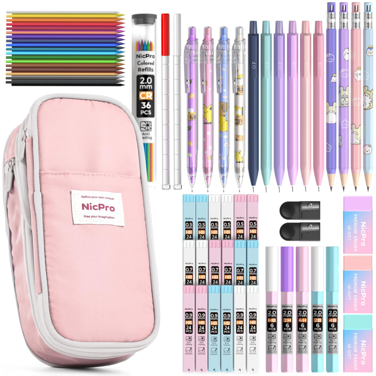 Nicpro 45PCS Mechanical Pencils with 462 Lead Refills (Pink)
