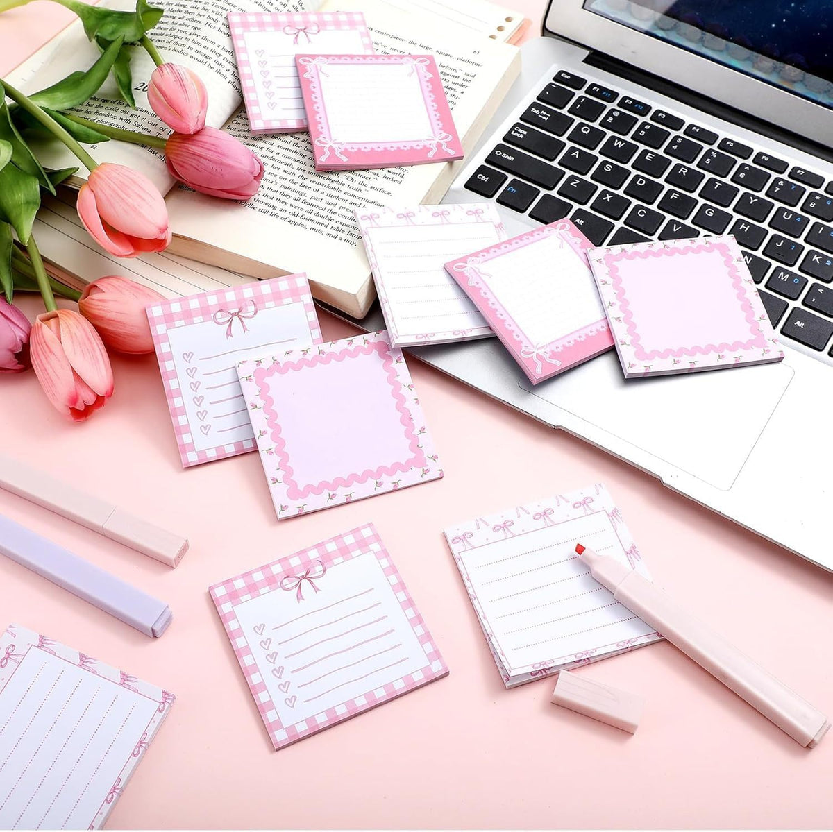4-Pad 3x3 Inch Pink Sticky Notes (120 Sheets) Bow Cute Post it Notes