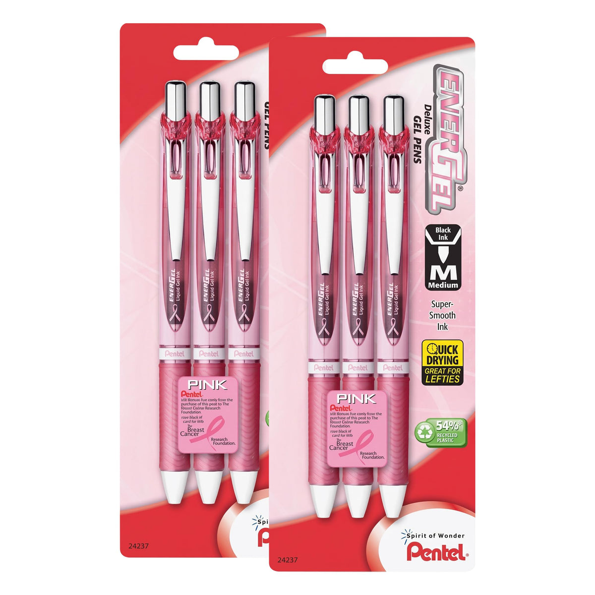 Pentel Pink BCA EnerGel Retractable Liquid Gel Pen, (0.7mm), Medium Line, Metal Tip, Pink Barrel, Black Ink, Pack of 3 (BL77PBP3A-BC)