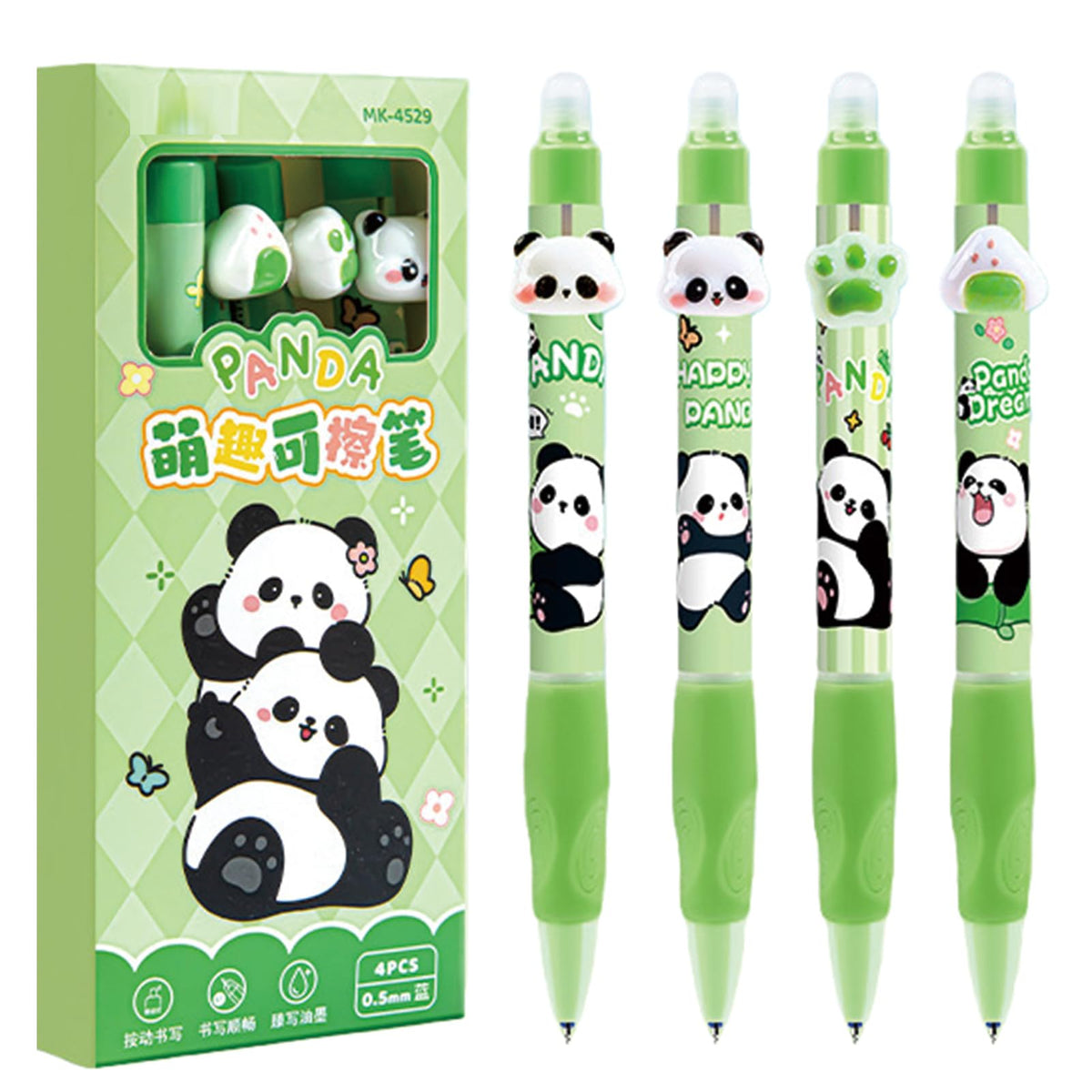 MOZXIRZ 4 Pcs Cute Erasable Gel Pens Retractable Pens Cartoon Panda Pen 0.5mm Fine Point Blue Ink Smooth Writing Pen for Women Girls Boys Office School Supplies (Panda-Blue Ink)