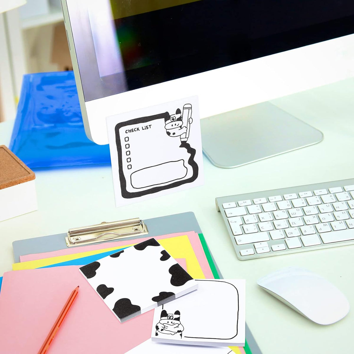 Sabary 12 Pcs Cute Cow Print Pens 6 Pad Sticky Notes for Student Gift