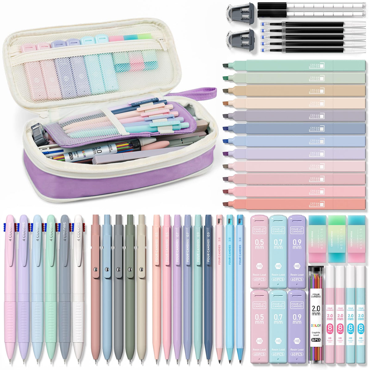 Four Candies 56PCS School Supplies with Pencil Case, Stationery Set, Pink
