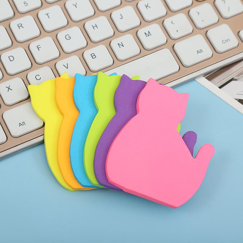 Cute Cat Sticky Notes, 6Pack 6 Bright Color Kawaii Sticky Notes for Cats Lover (6 Colors Shape 2)