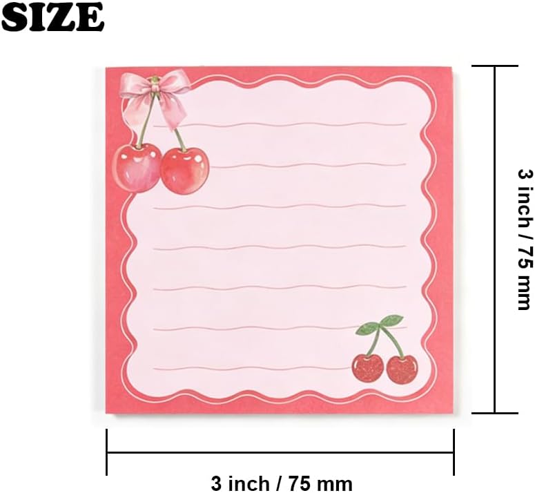 Cute Cherry Square Sticky Notes Set 12 Different Designs 3x3 Inch Fun Self Adhesive Removable Notepads Notes 240 Sheets Funny Memo Pads for Kids Students School Teachers Office Supplies (Cherry)