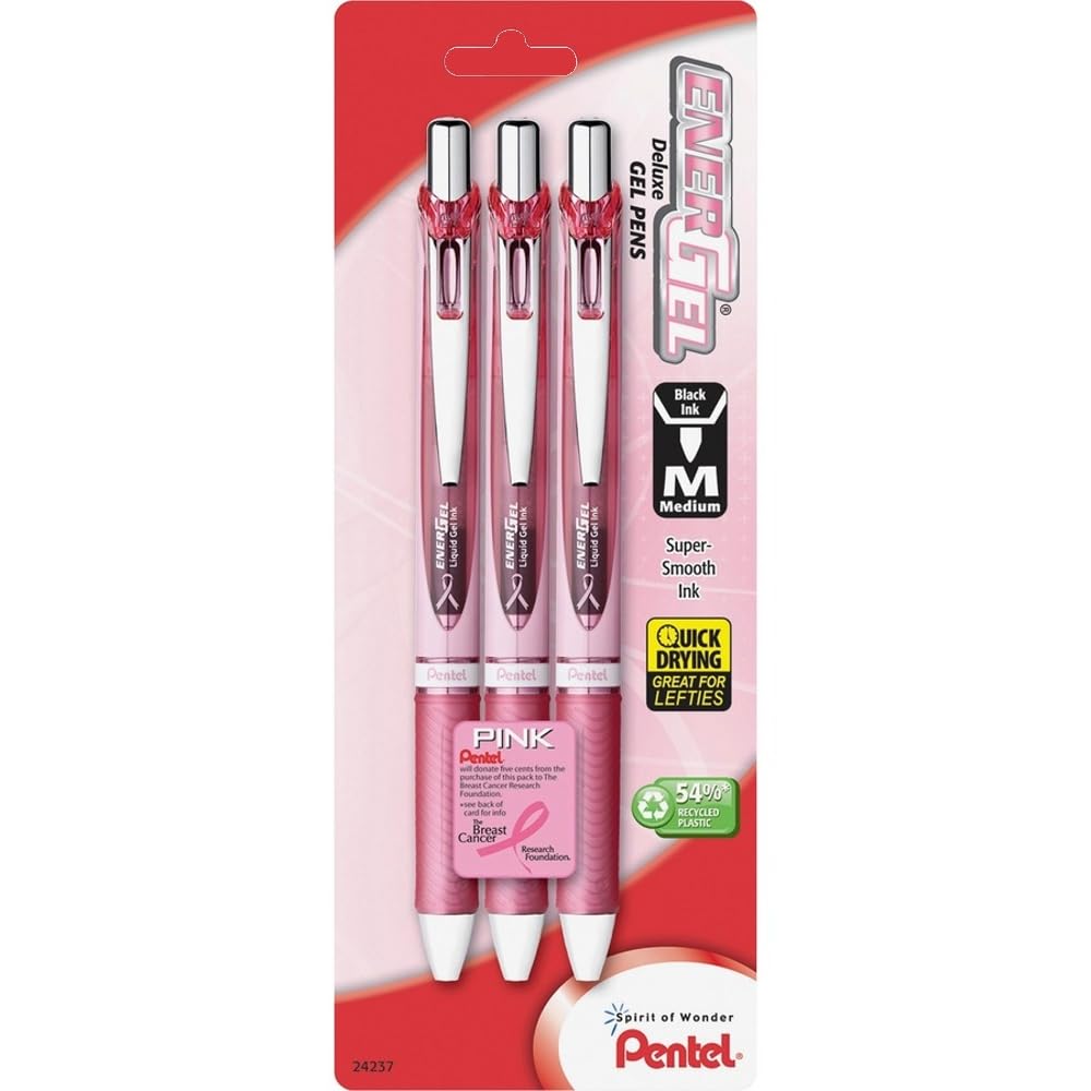 Pentel Pink BCA EnerGel Retractable Liquid Gel Pen, (0.7mm), Medium Line, Metal Tip, Pink Barrel, Black Ink, Pack of 3 (BL77PBP3A-BC)