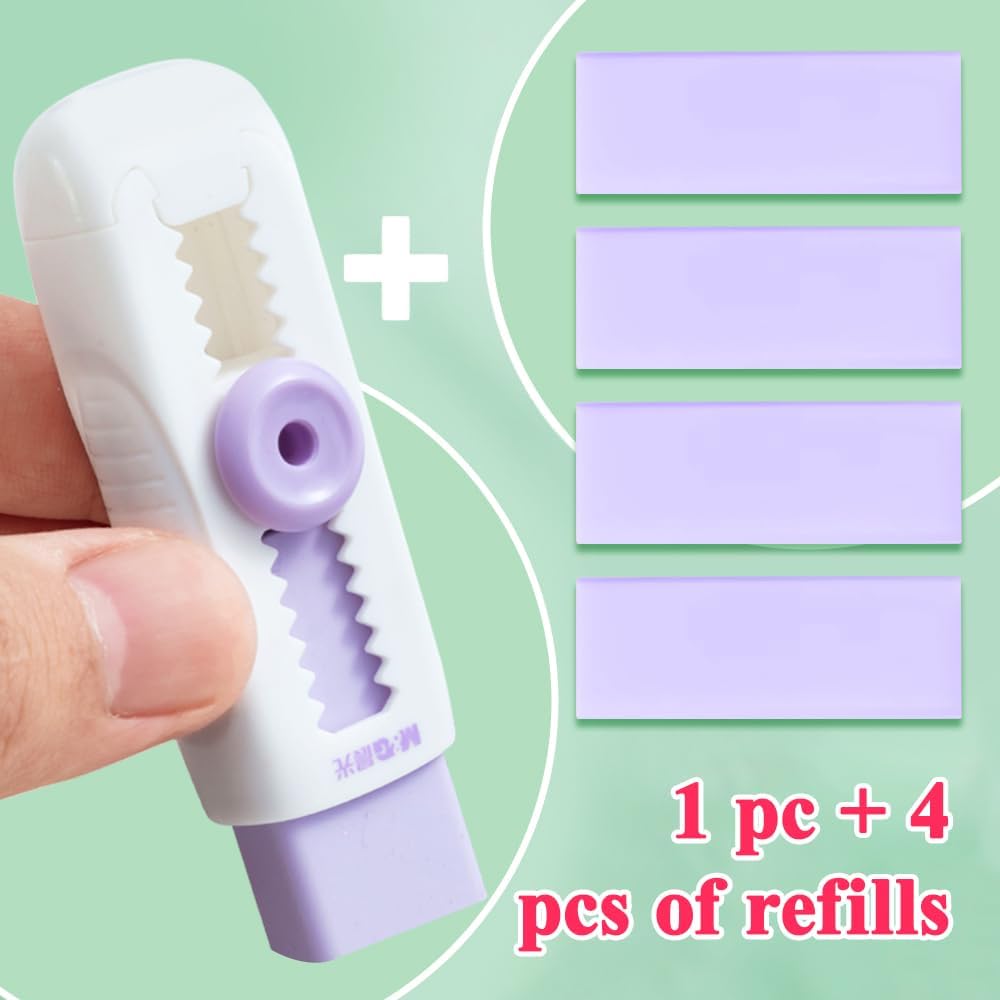 M&G 4+1 Pack Rubber Erasers Sliding Retractable Eraser, Soft Cute Erasers Push Pull Large Pencil Eraser with Plastic Sleeve 4 Refill Eraser for Students Kids, School Office Home Supplies (Purple)