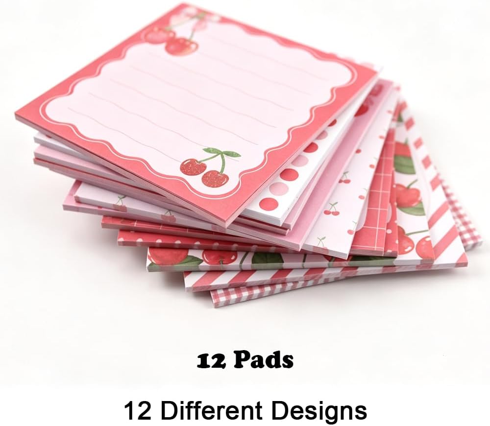 Cute Cherry Square Sticky Notes Set 12 Different Designs 3x3 Inch Fun Self Adhesive Removable Notepads Notes 240 Sheets Funny Memo Pads for Kids Students School Teachers Office Supplies (Cherry)