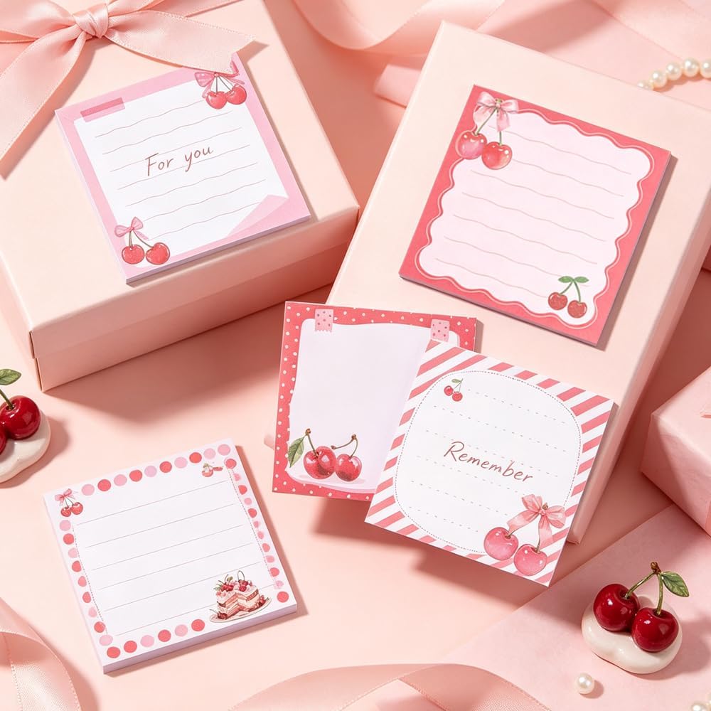 Cute Cherry Square Sticky Notes Set 12 Different Designs 3x3 Inch Fun Self Adhesive Removable Notepads Notes 240 Sheets Funny Memo Pads for Kids Students School Teachers Office Supplies (Cherry)