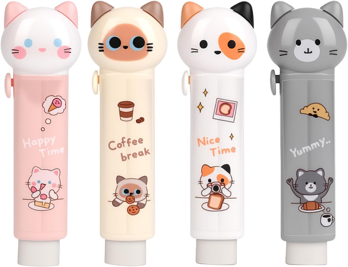 4PCS Retractable Cat Pencil Erasers, Cute Cartoon Eraser Set in 4 Colors