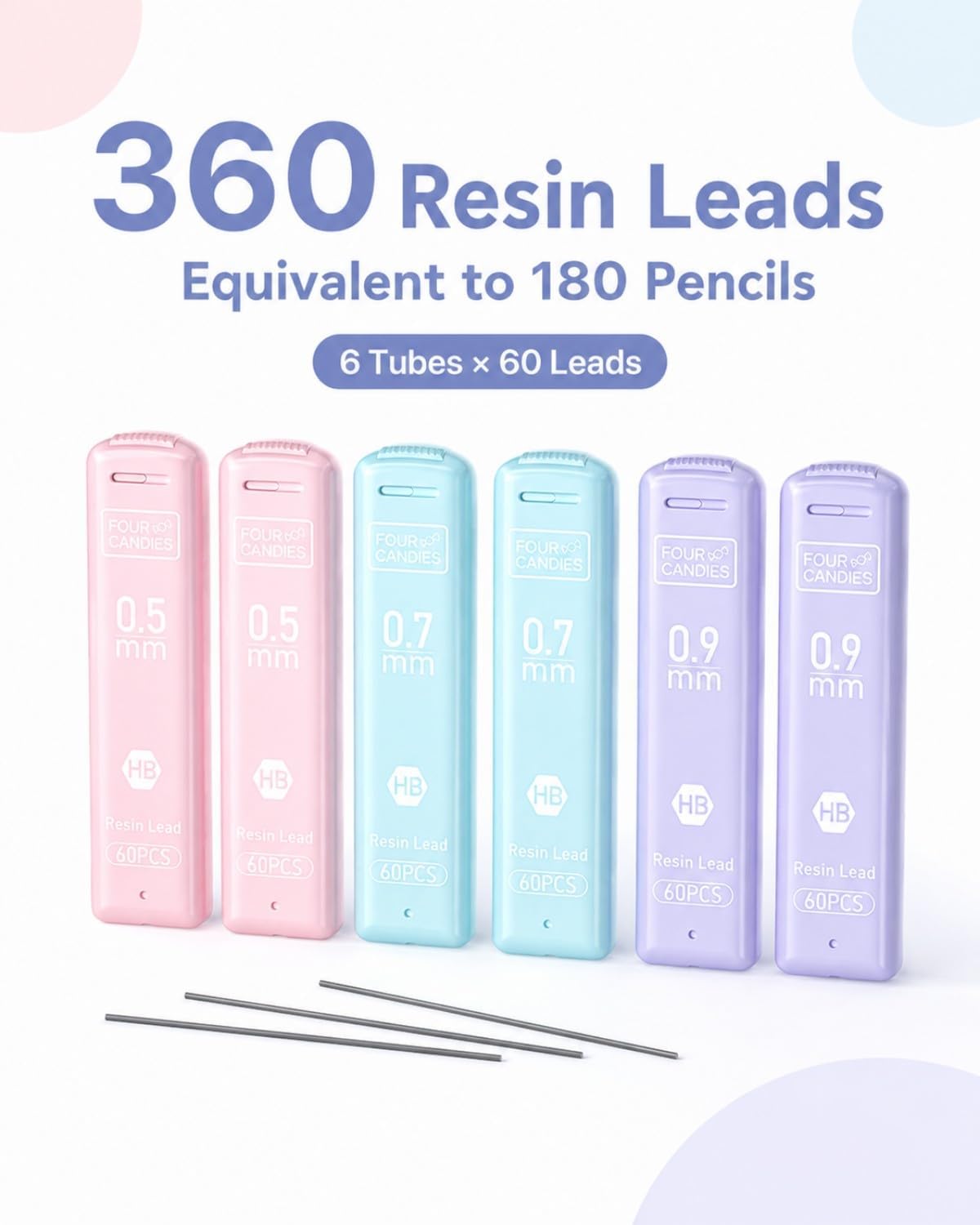 Four Candies 0.5mm Pastel Mechanical Pencil Set with Case, 3-Pack