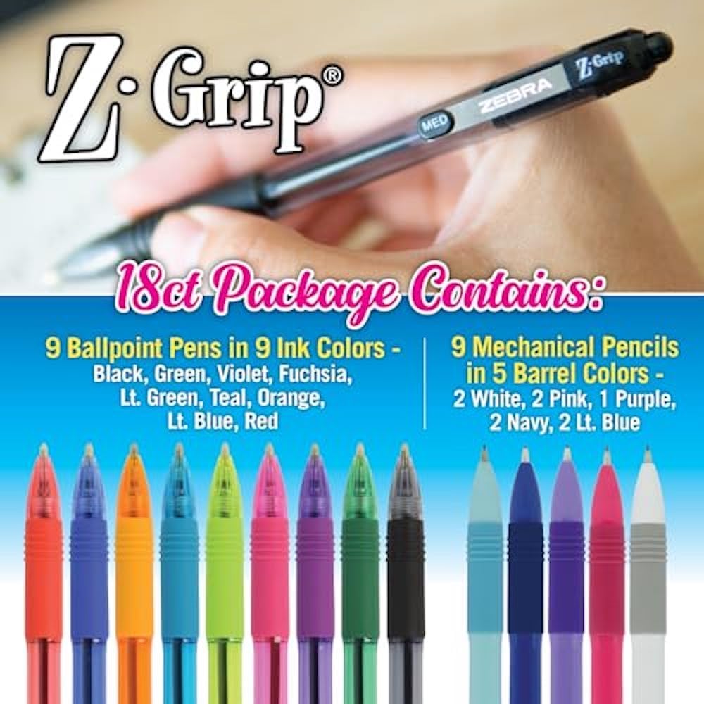 Zebra Pen Z-Grip Ballpoint Pen & Mechanical Pencil Set, Assorted, 18-Pk