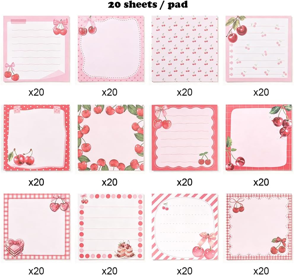 Cute Cherry Square Sticky Notes Set 12 Different Designs 3x3 Inch Fun Self Adhesive Removable Notepads Notes 240 Sheets Funny Memo Pads for Kids Students School Teachers Office Supplies (Cherry)