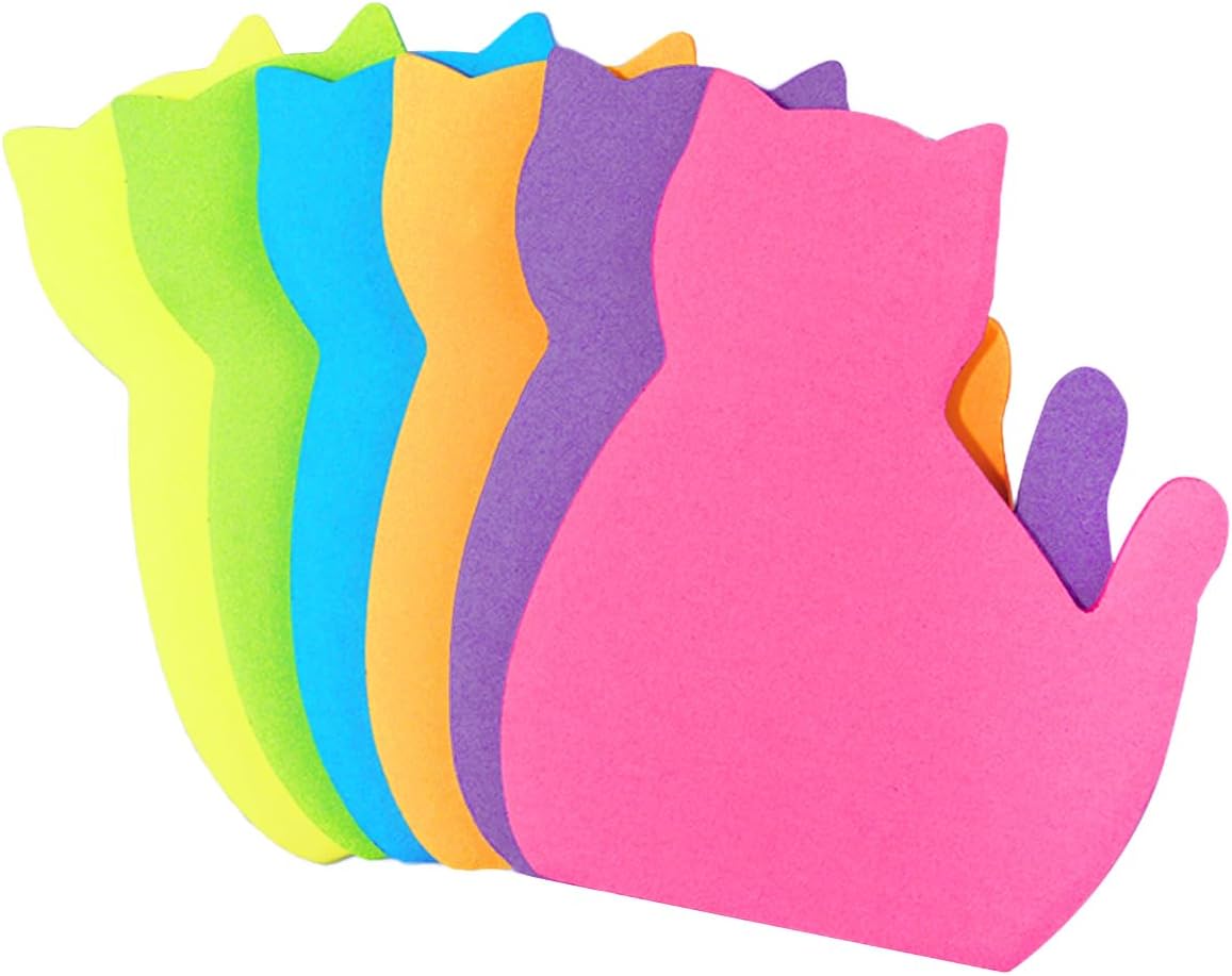 Cute Cat Sticky Notes, 6Pack 6 Bright Color Kawaii Sticky Notes for Cats Lover (6 Colors Shape 2)