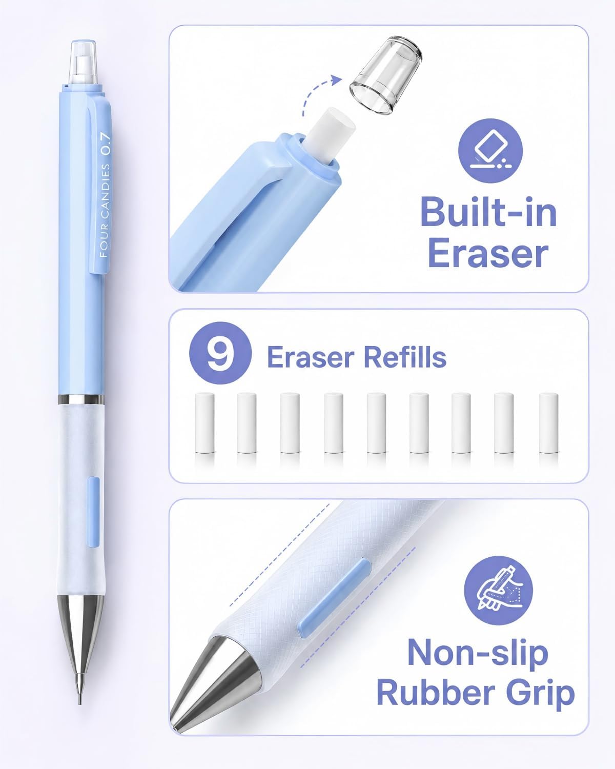 Four Candies 0.5mm Pastel Mechanical Pencil Set with Case, 3-Pack