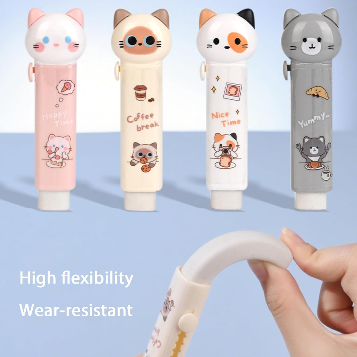 4PCS Retractable Cat Pencil Erasers, Cute Cartoon Eraser Set in 4 Colors
