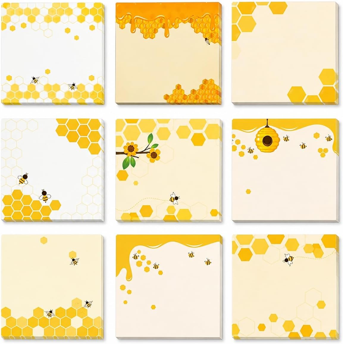 9 Pieces Bee Sticky Notes 3x3 Inch Cute Bee Note Pads Adesive Bee Memo Notes for School Office Home Supplies Students Teachers Gift