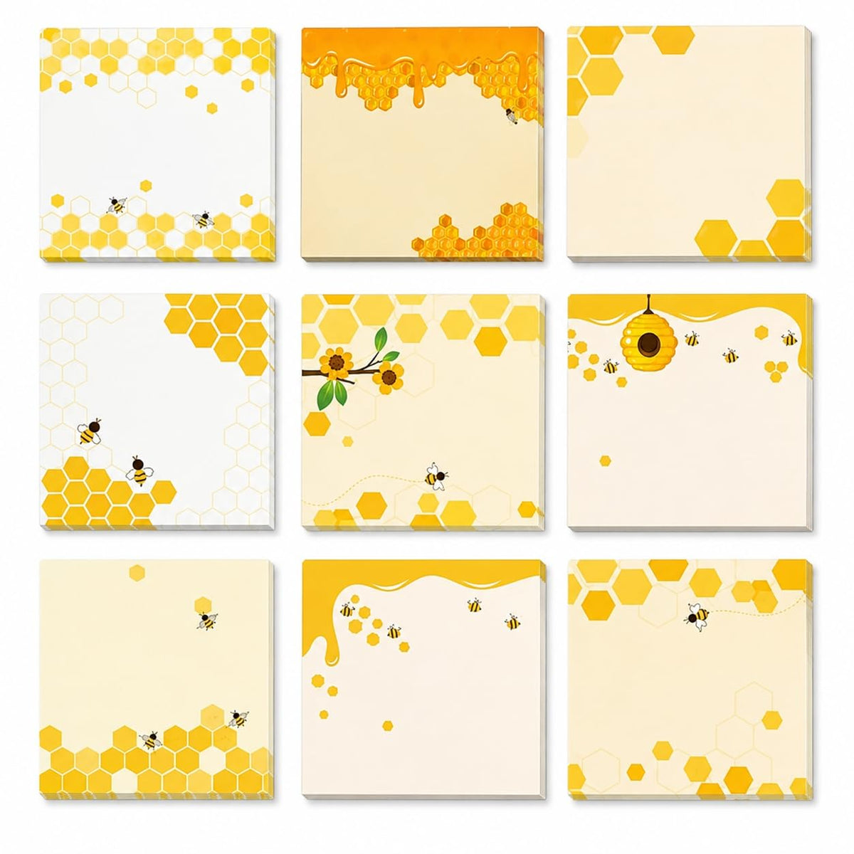 9 Pieces Bee Sticky Notes 3x3 Inch Cute Bee Note Pads Adesive Bee Memo Notes for School Office Home Supplies Students Teachers Gift