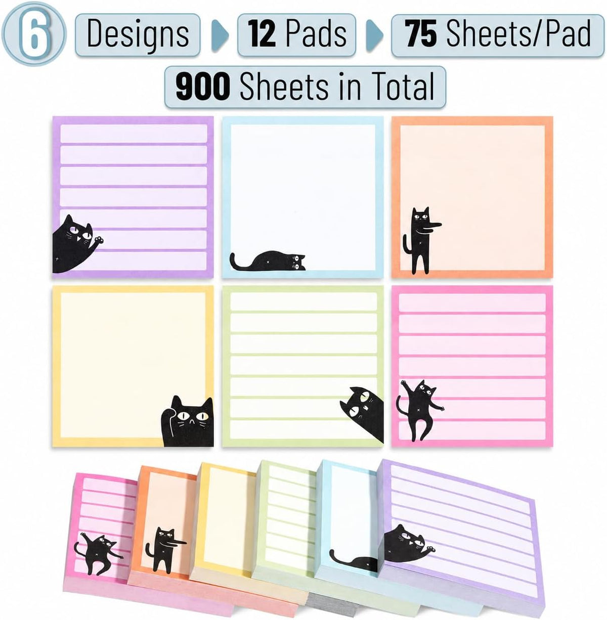 Mr. Pen- Black Cat Sticky Notes Set Bulk, 3" x 3", 12 Pads, 900 Sheets