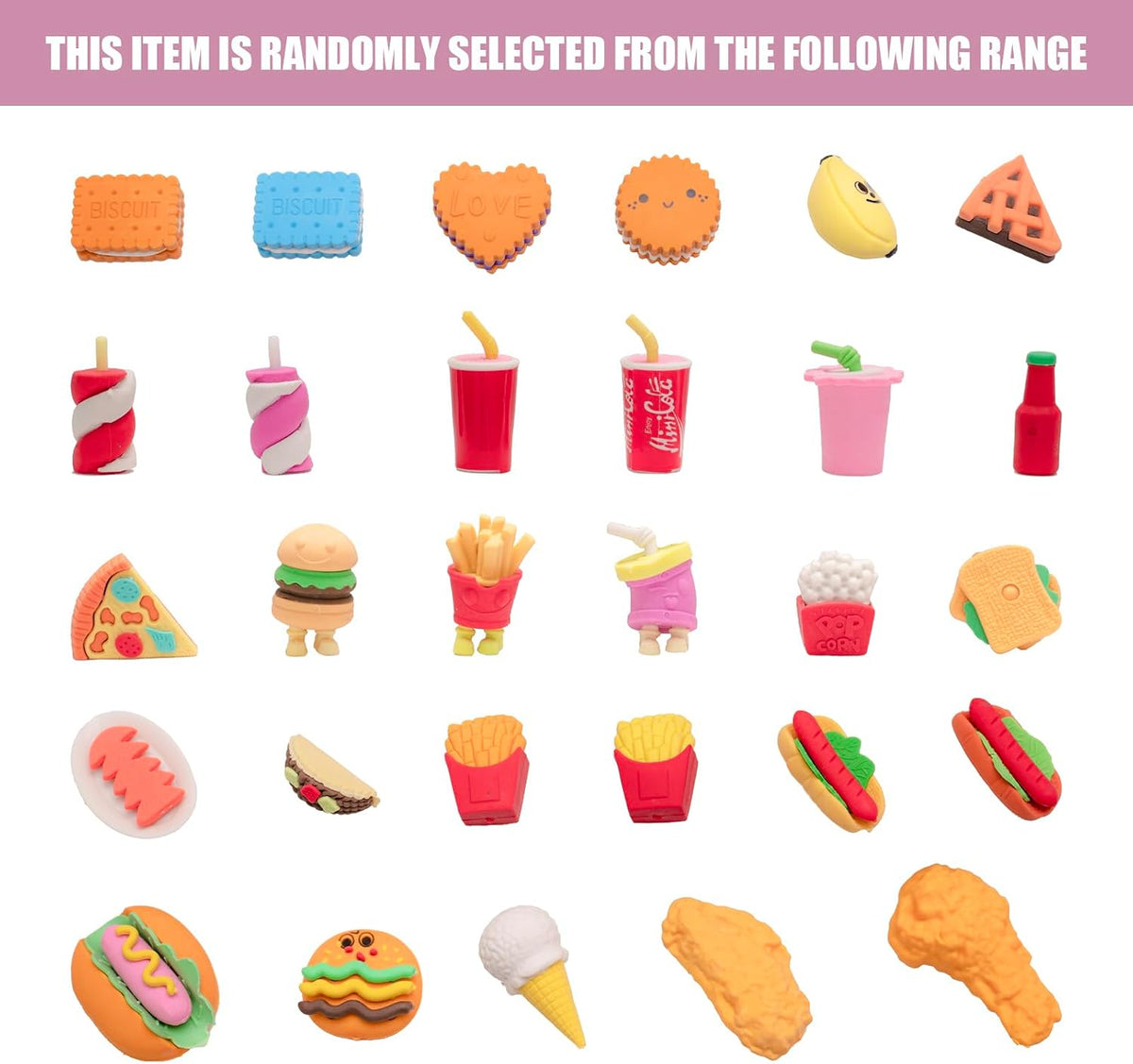 30Pcs 3D Food Erasers for Kids, All are Food Styles, Random Desktop Pets Toys Gifts, Mini Puzzle Classroom Rewards, Kids Party Favors Back to School Supplies
