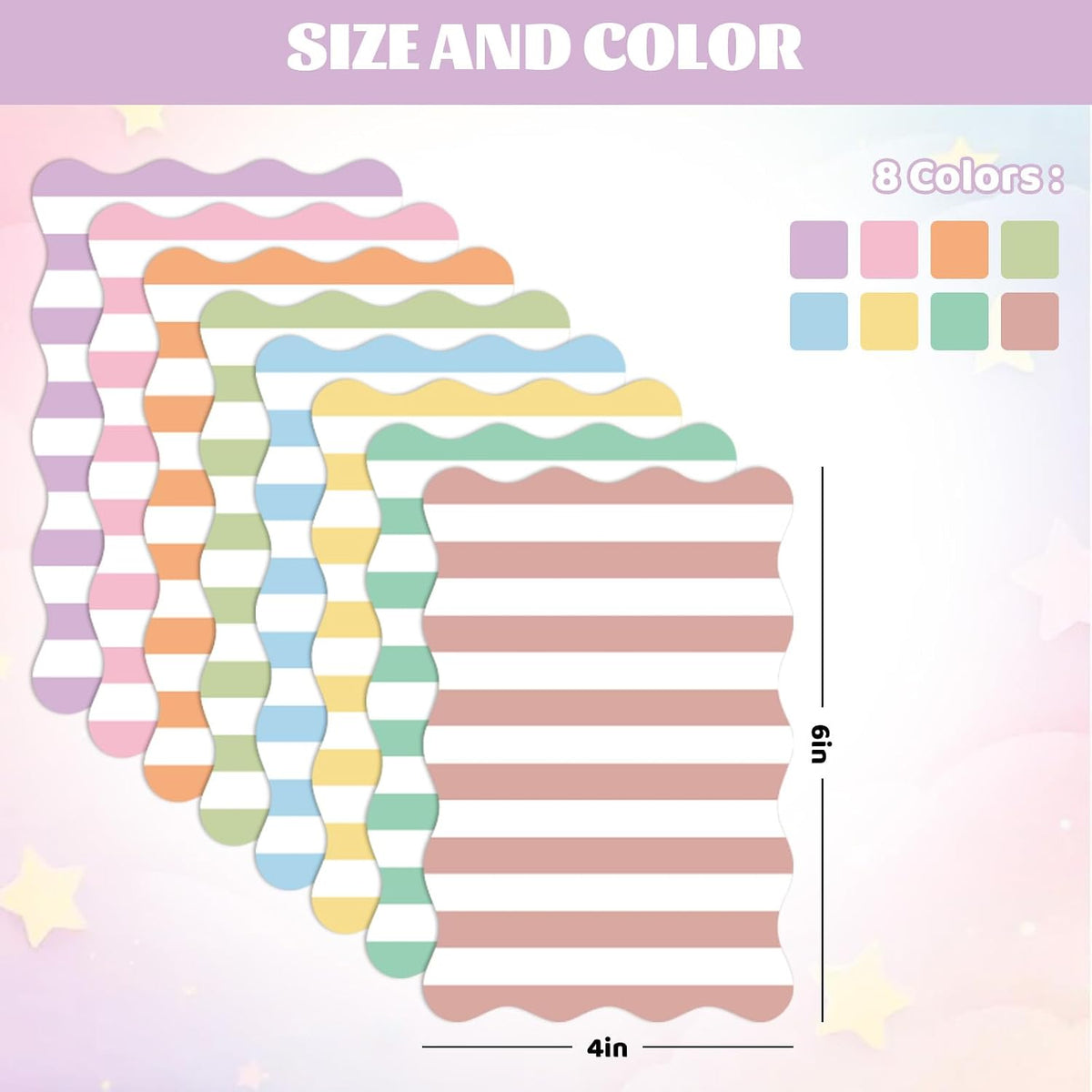 Whaline 8Pcs Stripe Scalloped Sticky Notes 4 x 6 Inch Candy Color Striped Self Adhesive Lined Notepad Removable Memo Pad for Classroom Office Home School Party Supplies