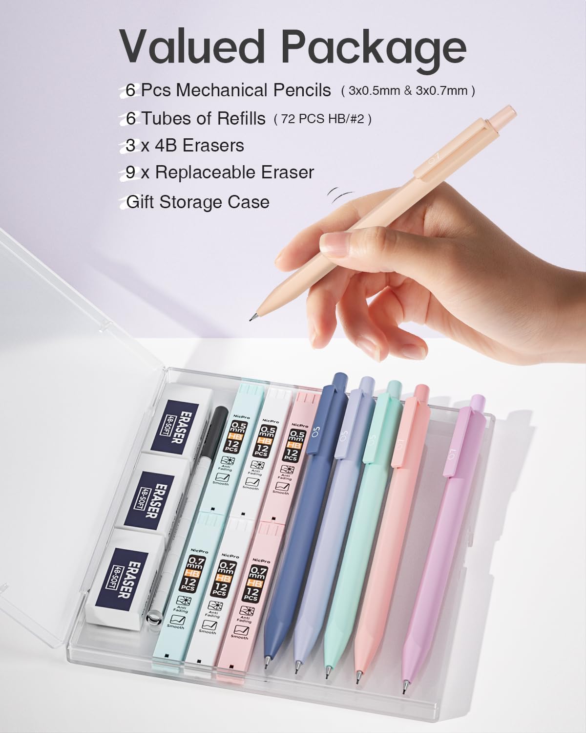 Nicpro Pastel Mechanical Pencil Set, 0.5 & 0.7mm Cute Pencils, Pack of 6