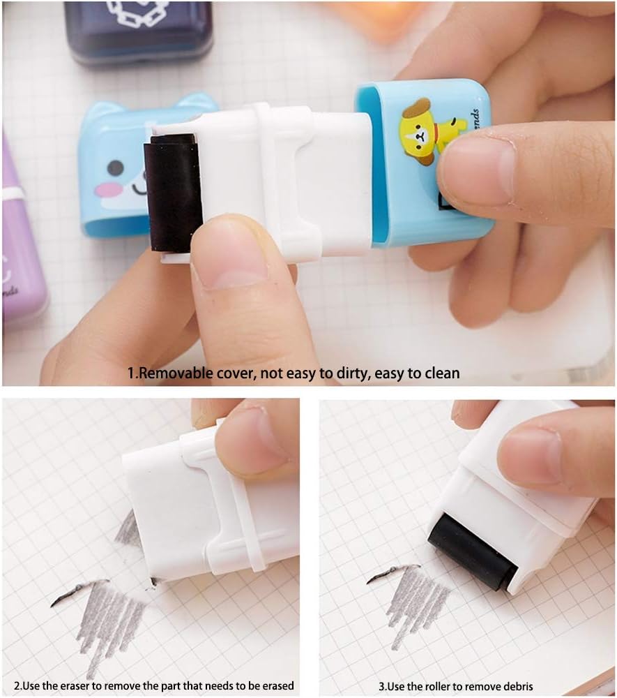 6 Pcs Cute Pencil Eraser, Cartoon Animal Themed Roller Colorful Rectangle Eraser, Pencil Rubber Erasers for Kids School Office Supply Stationery