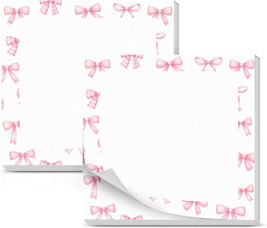 Cute Sticky Notes 3 x 3 Inch, 2 Pack Sticky Note Pads, 50 Sheets Per Pad, Self Stick Memo Pads for Office Supplies, School Supplies, Home Office Pink Bow