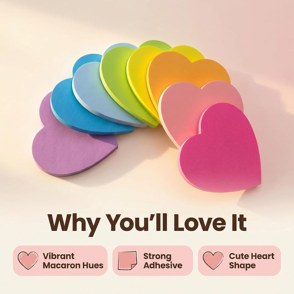 Heart Shaped Sticky Notes 3x3 in, 8 Color Bright Colorful Pads