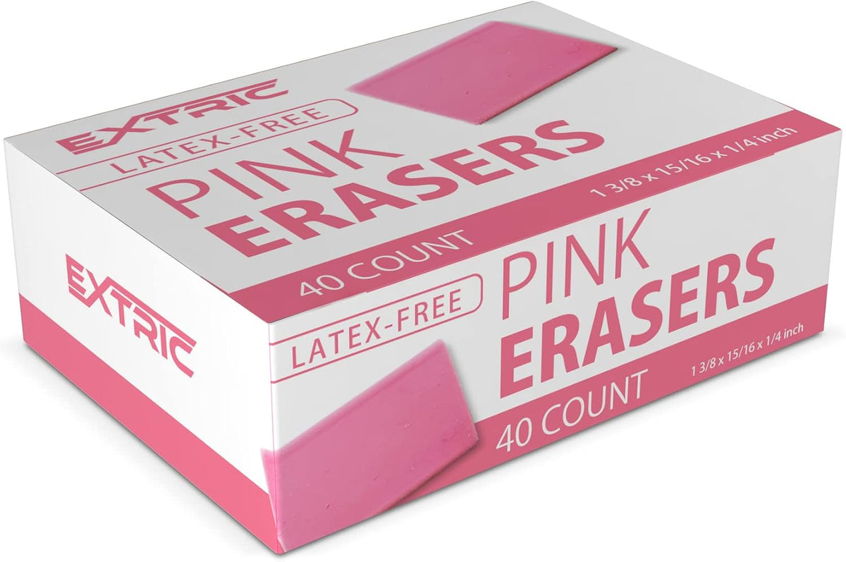 Pink Erasers, 40 Count, Latex Free Eraser for Kids, Square Eraser, Erasers Bulk for School Supplies, Art, and Office Use