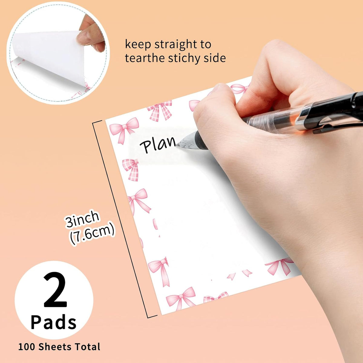 Cute Sticky Notes 3 x 3 Inch, 2 Pack Sticky Note Pads, 50 Sheets Per Pad, Self Stick Memo Pads for Office Supplies, School Supplies, Home Office Pink Bow
