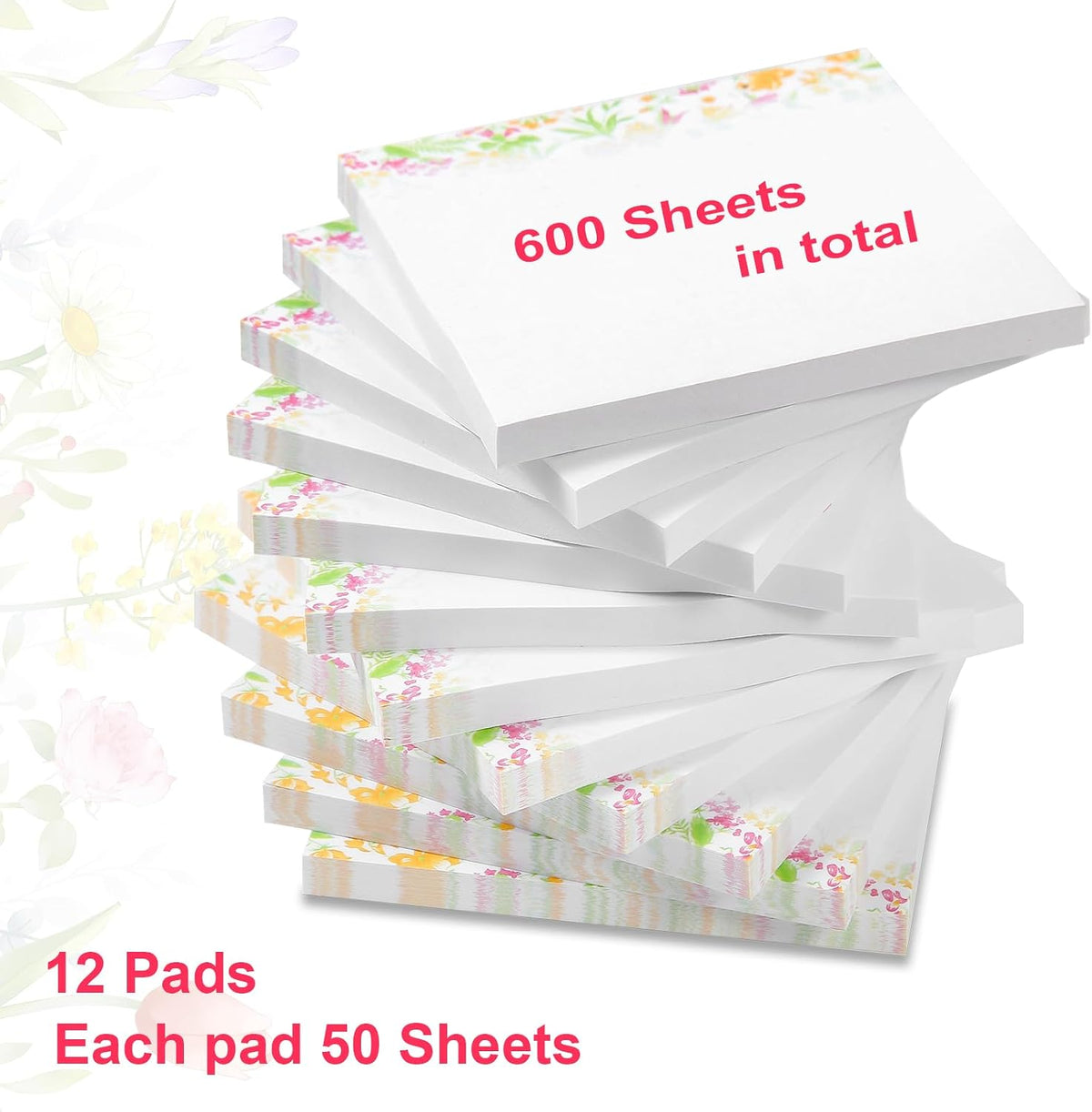 VIBRANZLAB Artsy Pads, Cute Sticky Notes 3x3, 12 Pads of 50 Sheets, Floral Sticky Notes Cute for All Occasions. Perfect Planner Accessories, Phone Message Pads for Office, VL-FSN-134