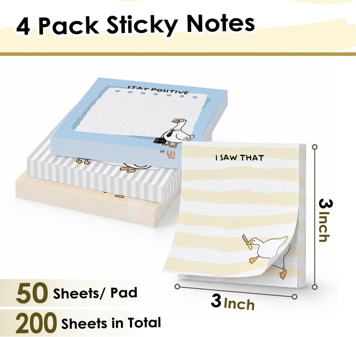 Funny Sticky Notes 3x3, Cute Goose Sticky Notes 4 Pads, Sarcastic Office Gifts Self-Stick Notepads for Work School Study