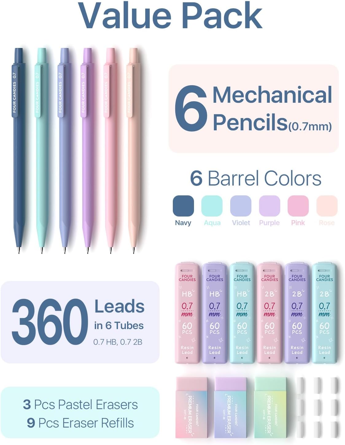 Four Candies Cute Mechanical Pencil Set, 0.7mm Medium Point, 6-Count Pack