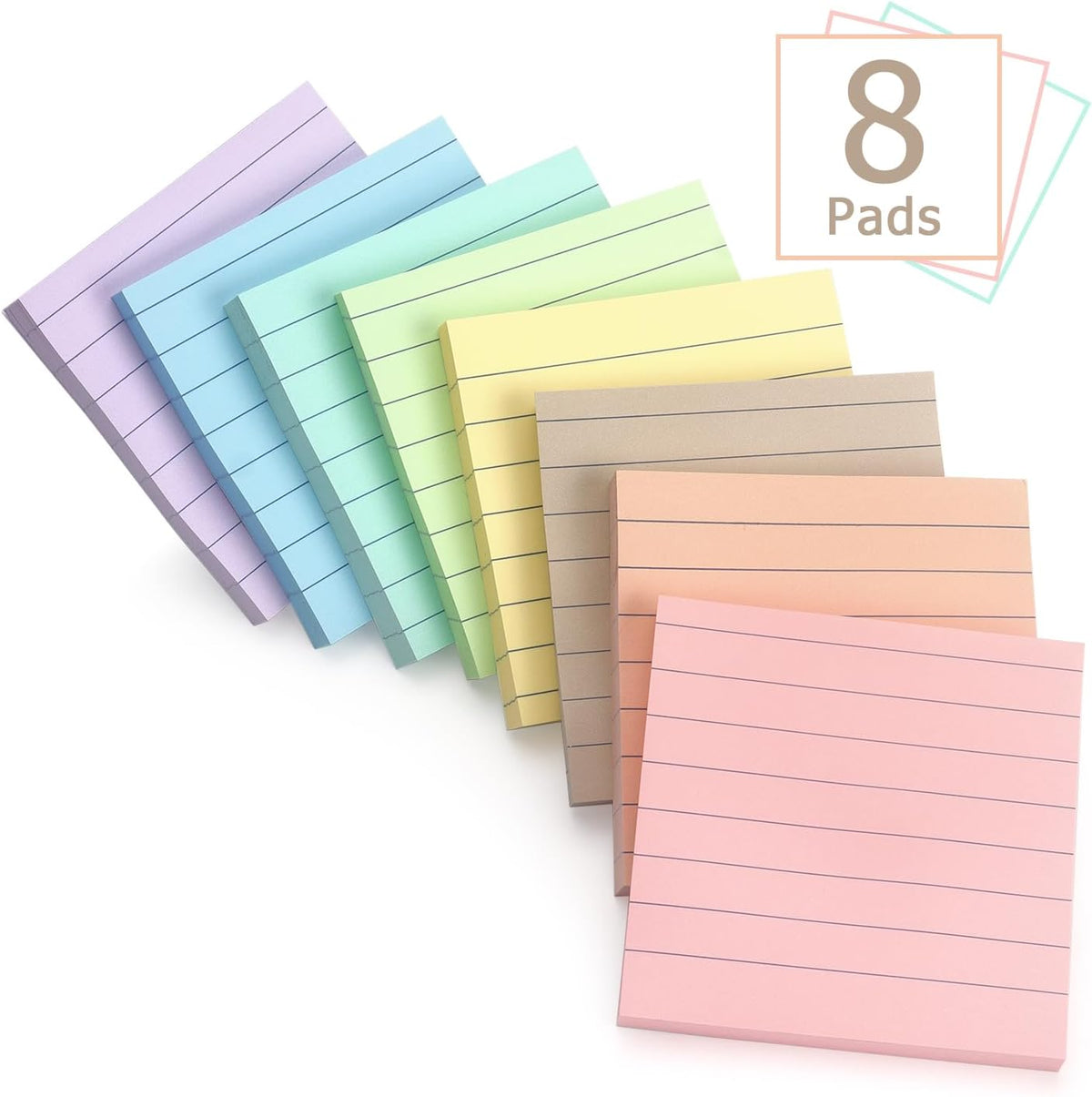 Eastern Wolf Lined Sticky Notes, 3x3 Inch, 8 Pack, Light Colors, 640 Sheets