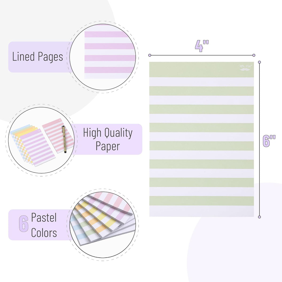 Mr. Pen- Lined Sticky Notes, 4" x 6", 6 Pads, 45 Sheets/Pad