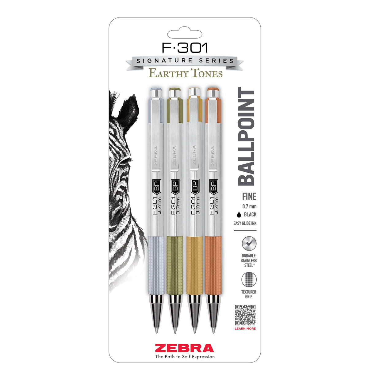 Zebra Pen STEEL F-301 Retractable Ballpoint Pen, Black Ink, 0.7mm, 4-Pack