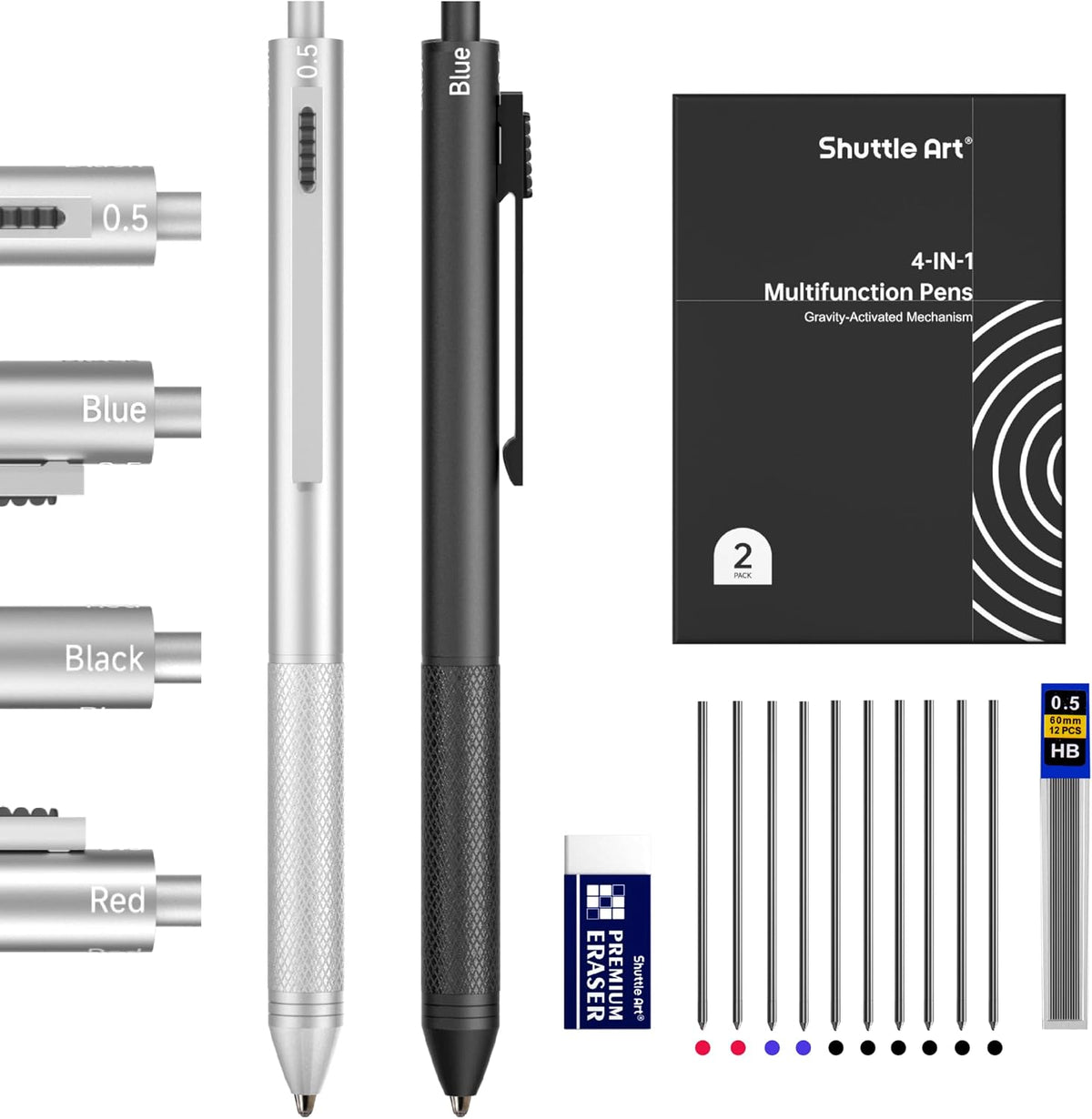 Shuttle Art 4 in 1 Gravity-activated Multicolor Pen, 2 Pack Retractable Ballpoint Pens with 1.0mm Black Blue Red Ink and 0.5mm Mechanical Pencil, Pens Gift Set for Writing Note Taking School Office