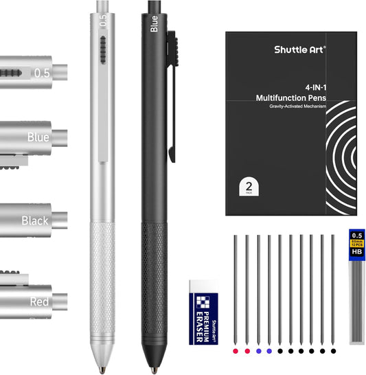 Shuttle Art 4 in 1 Gravity-activated Multicolor Pen, 2 Pack Retractable Ballpoint Pens with 1.0mm Black Blue Red Ink and 0.5mm Mechanical Pencil, Pens Gift Set for Writing Note Taking School Office