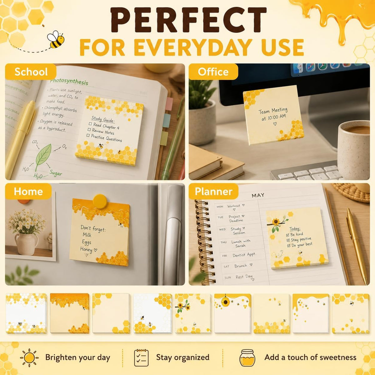 9 Pieces Bee Sticky Notes 3x3 Inch Cute Bee Note Pads Adesive Bee Memo Notes for School Office Home Supplies Students Teachers Gift