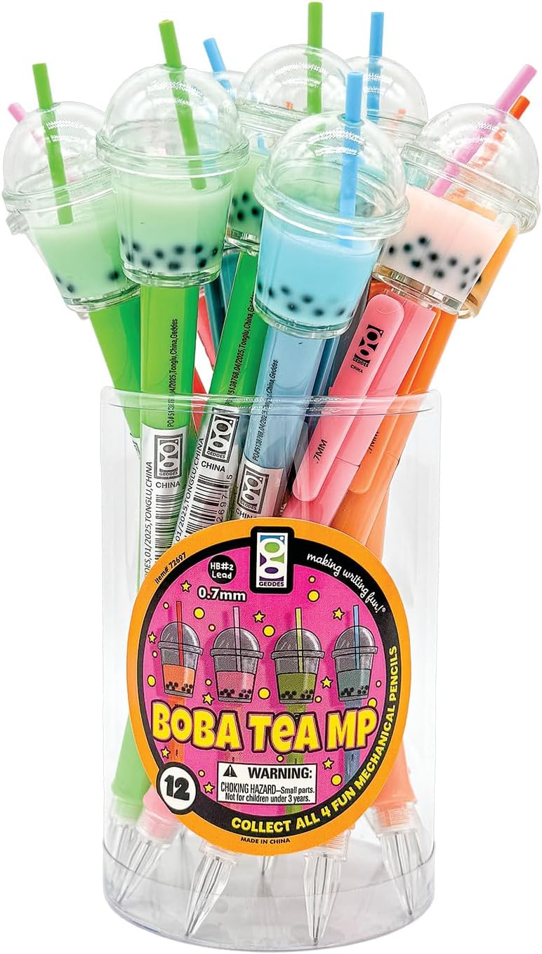 Raymond Geddes Boba Tea Mechanical Pencils – Pack of 12 – Cute Novelty Writing Supplies with Bubble Tea Toppers