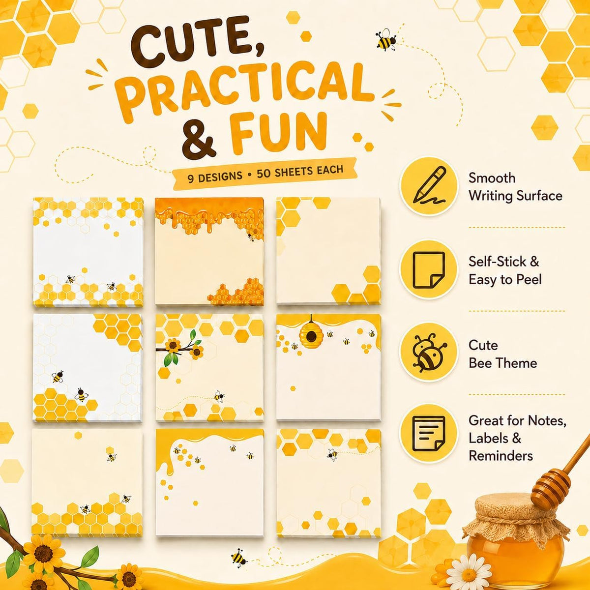 9 Pieces Bee Sticky Notes 3x3 Inch Cute Bee Note Pads Adesive Bee Memo Notes for School Office Home Supplies Students Teachers Gift