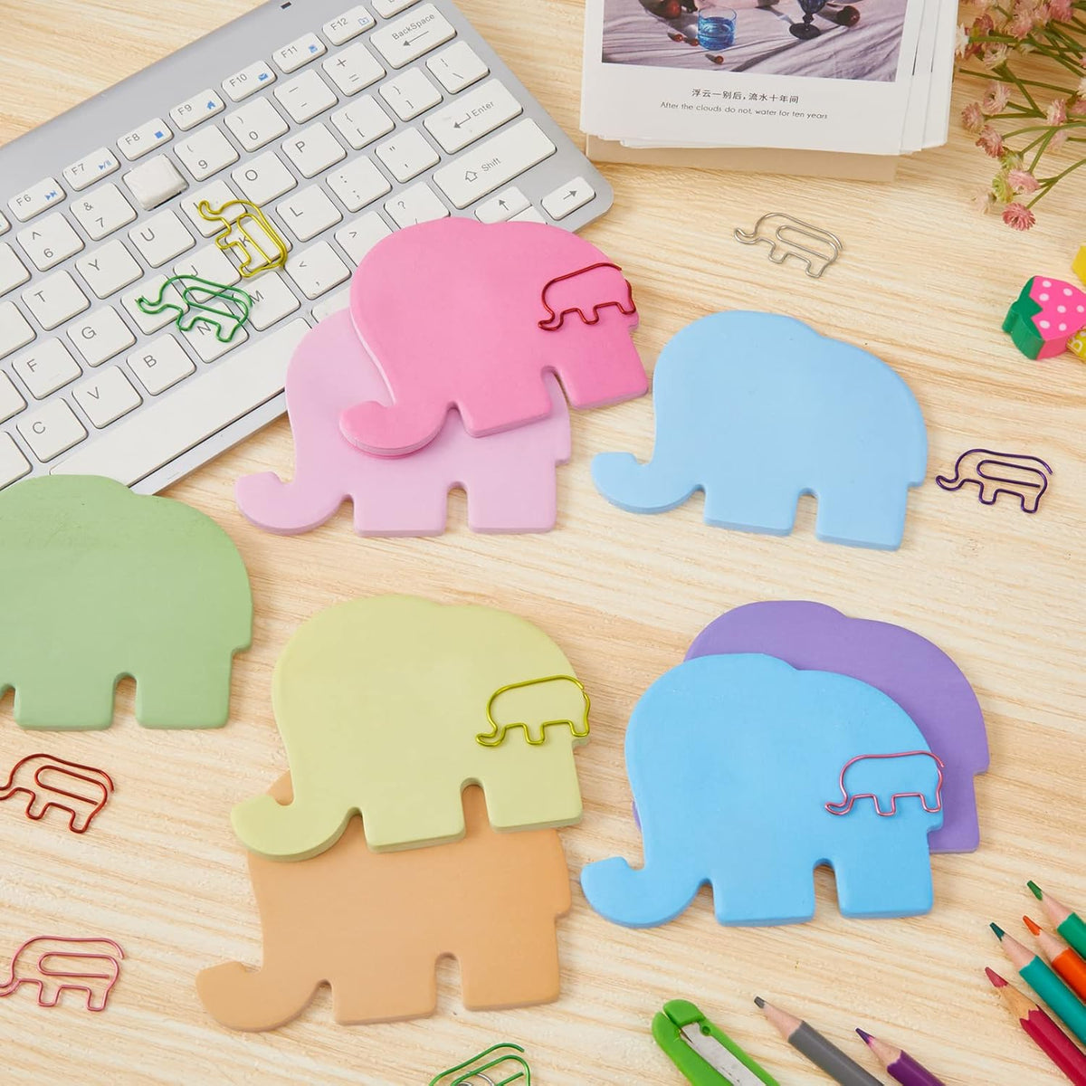 Gueevin 240 Sheets Animal Sticky Notes and 60pcs Paper Clips Set, Elephant