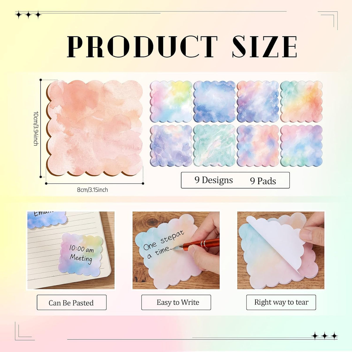 9 Pcs Scalloped Sticky Notes 3x3 Inch,Watercolor