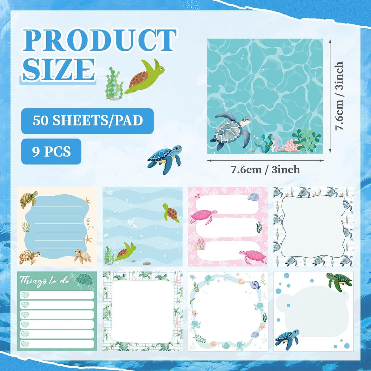 9 Pads Turtle Sticky Notes, 3x3 Inch Cute Stick Notepads