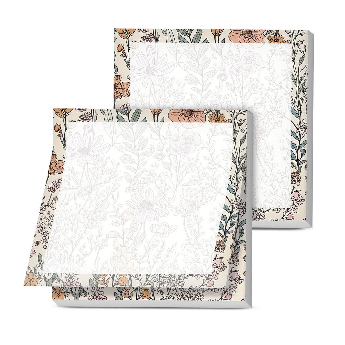 Sticky Notes, 2 Pads, 3x3 inches, Cute Colorful Fun Self-Stick Note Pads, Easy Post, Strong Adhesive Notepad Neutral Wildflowers