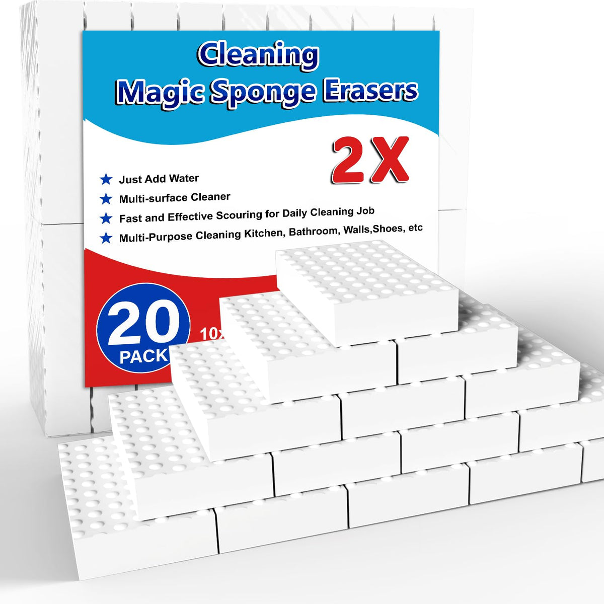 SmilinFit Magic Cleaning Erasers, Kitchen Sponge 10 Pack 2X Density Melamine Sponge Foam Pads, Multi-Functional Car Cleaning Supplies Cleaner for Kitchen, Bathroom, Shower, Window, Wall Cleaner