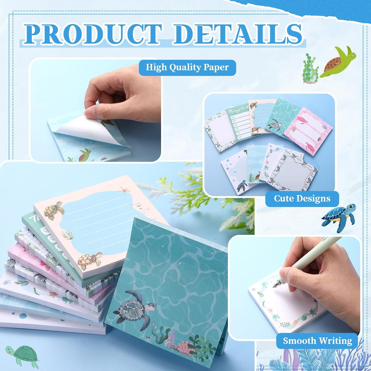 9 Pads Turtle Sticky Notes, 3x3 Inch Cute Stick Notepads
