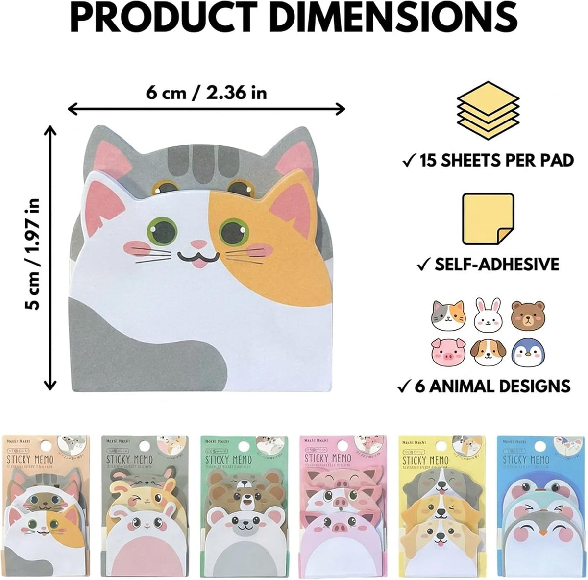 Cute Sticky Notes 6 Pack – 270 Sheets Mini Self Adhesive Memo Pads, Kawaii Cartoon Sticky Notes for Planner, School Supplies, Office Desk, Bookmark Tabs, Bear Cat Rabbit Pig Dog Penguin Shape